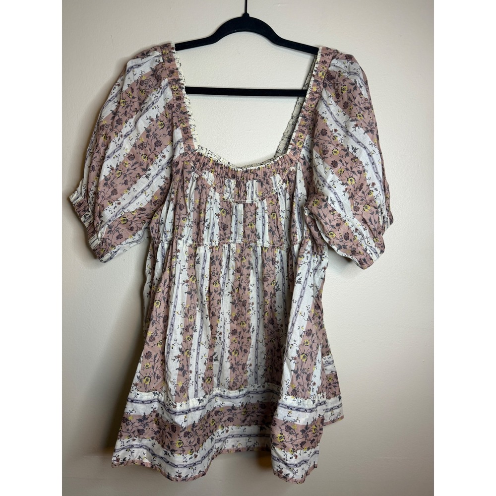 Free People S/P Floral Cotton Babydoll Tunic Top Boho Puff Sleeve